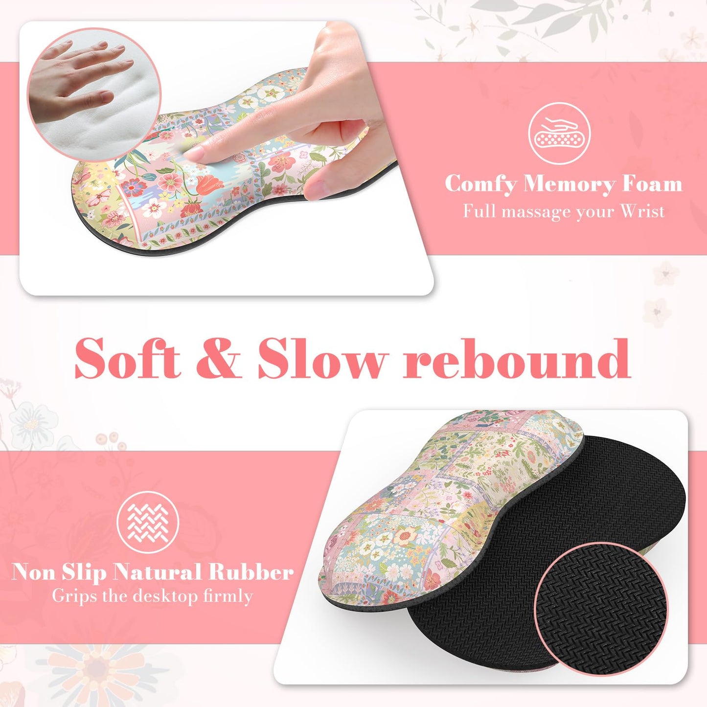 iLeadon Cute Floral Desk Mat Set, Non Slip Mouse Pad with Wrist Support