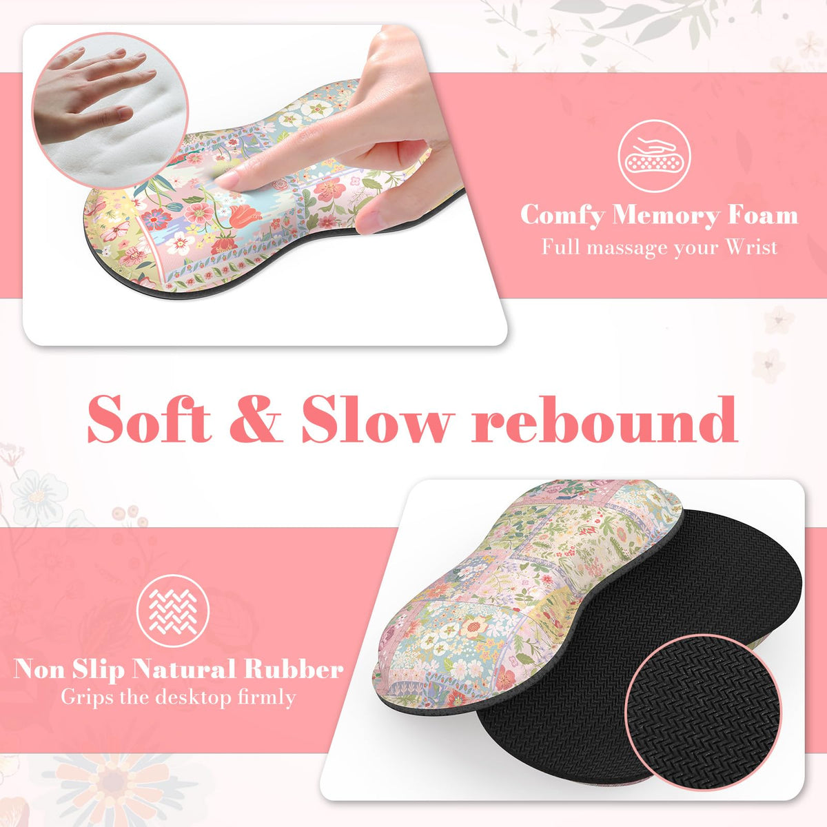 iLeadon Cute Floral Desk Mat Set, Non Slip Mouse Pad with Wrist Support