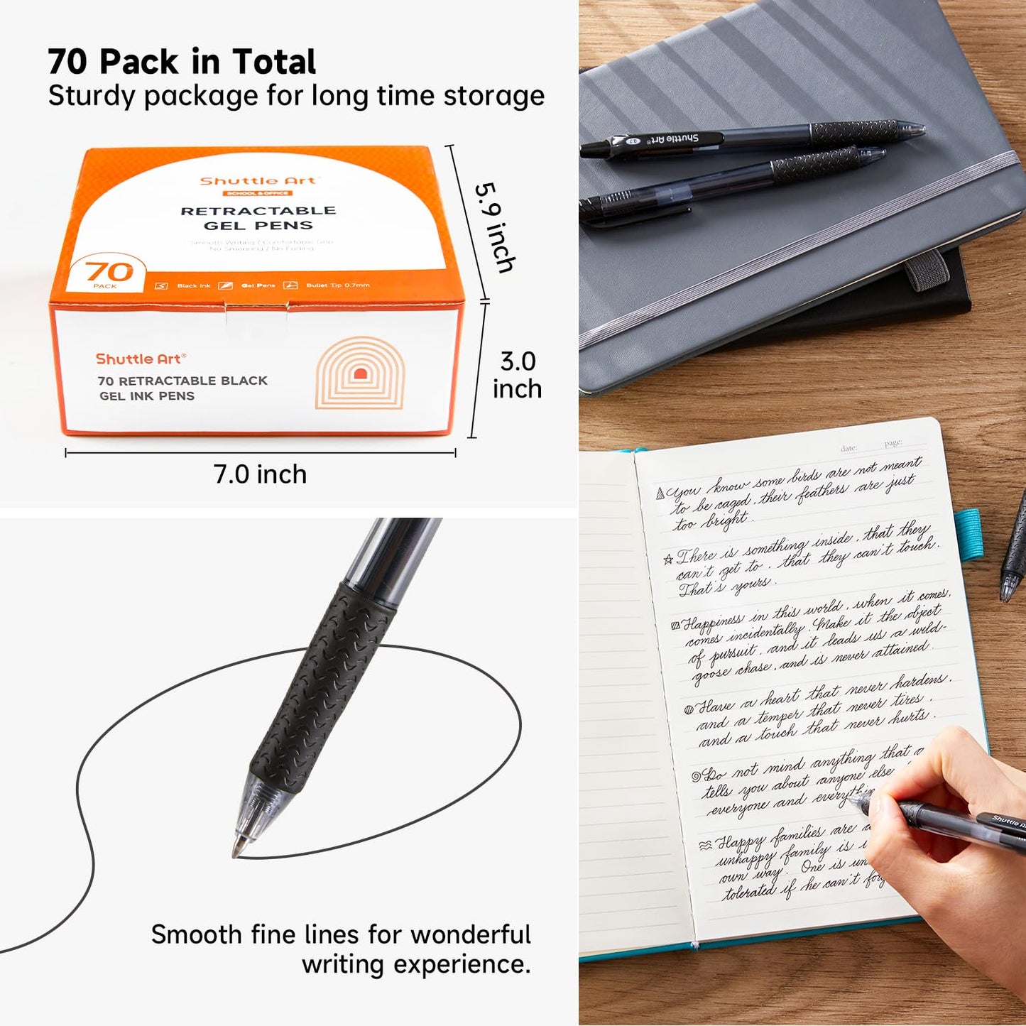 Shuttle Art Black Gel Pens, 70 Pack Retractable Medium Point Rollerball Gel Ink Pens Smooth Writing