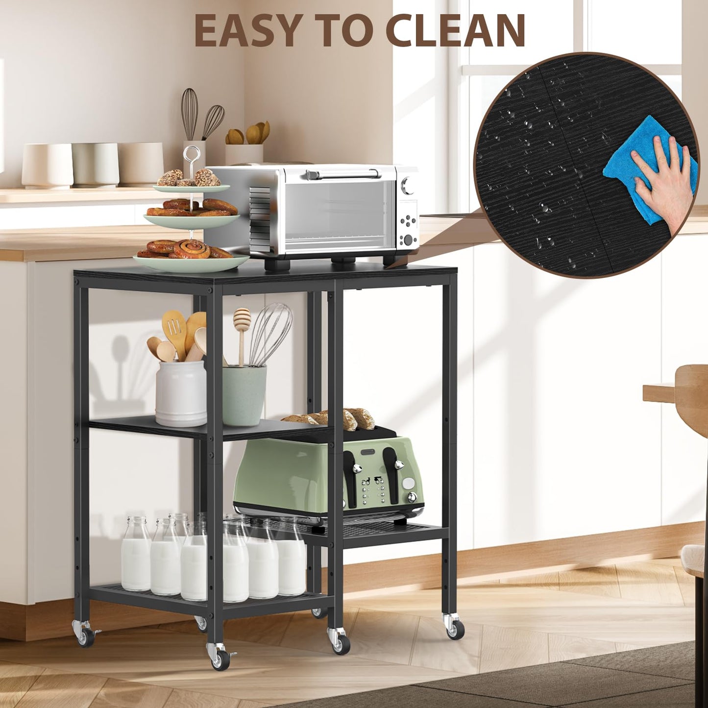 OGEMXU Rolling Kitchen Microwave Cart,4 Tier Microwave Stand,Black