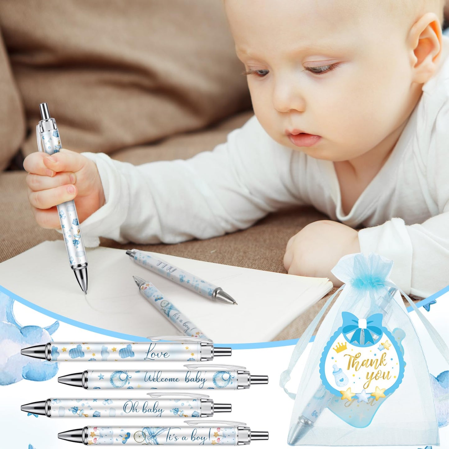 Chuangdi 50 Sets Boy Blue Shower Favors for Guests – 50 Ballpoint Pens with Organza Gift Bags &