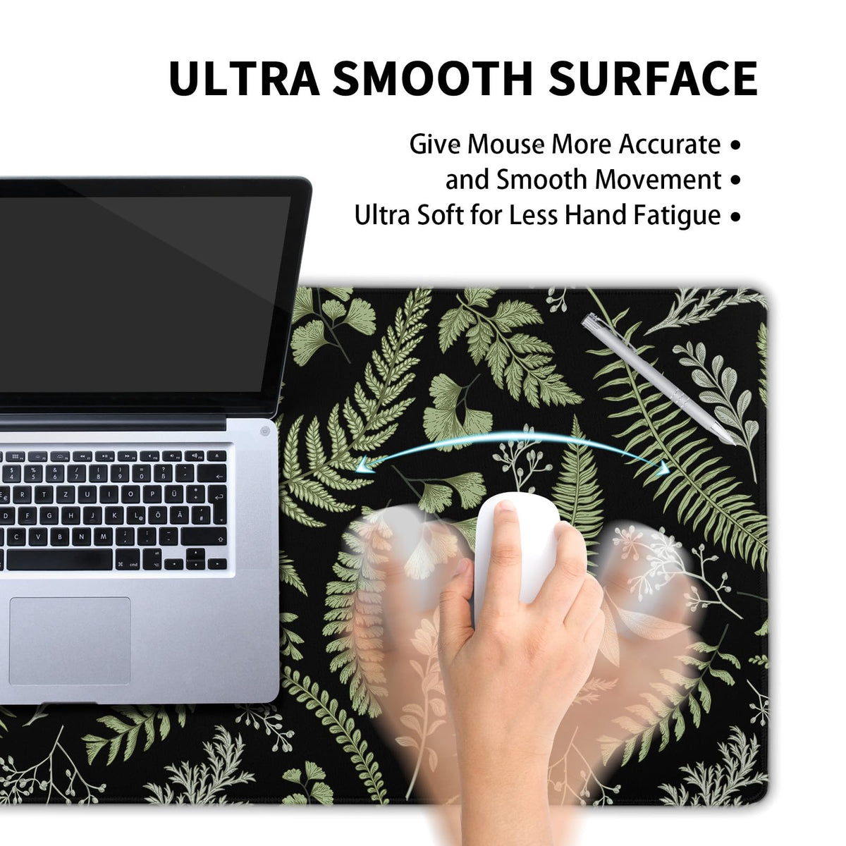 Black Green Plant Flowers Mouse Pad XXL Tropical Fern Botanical Leaves Extended Desk Mat 90X40cm