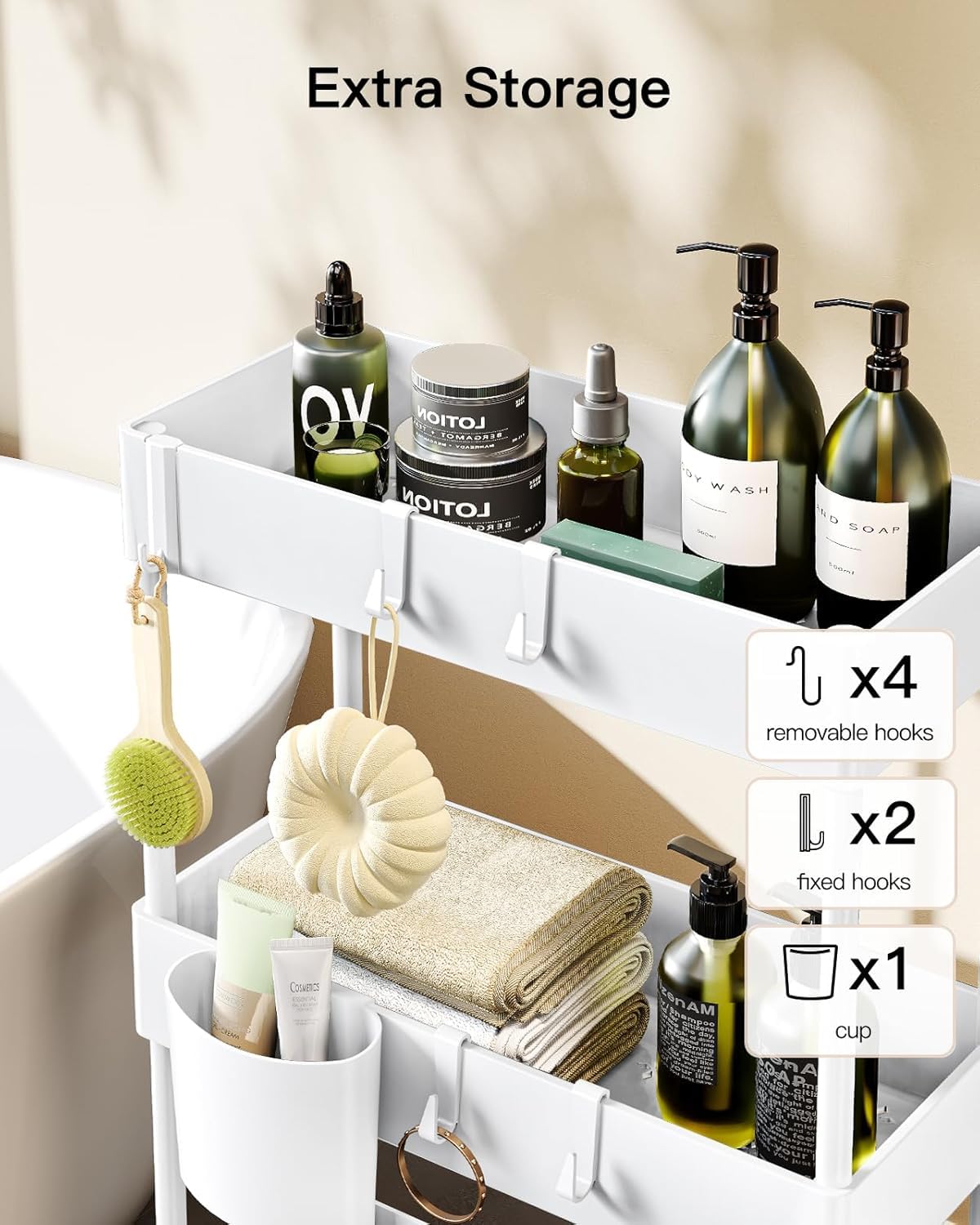 Pipishell 3 Tier Slim Storage Cart with Wheels, Bathroom Cart, White