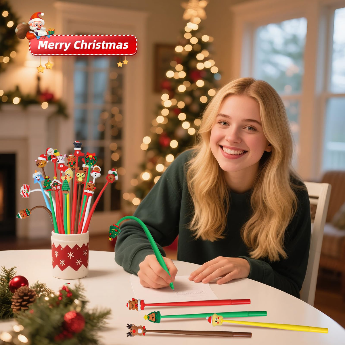 SANNIX Christmas Cartoon Squishy Pens, 50Pcs Funny Christmas Tree Snowman