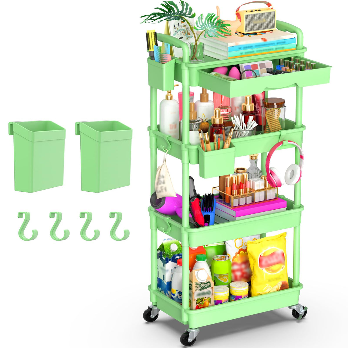 Goovilla 4 Tier Rolling Utility Cart Organizer with Removable Drawer, Green