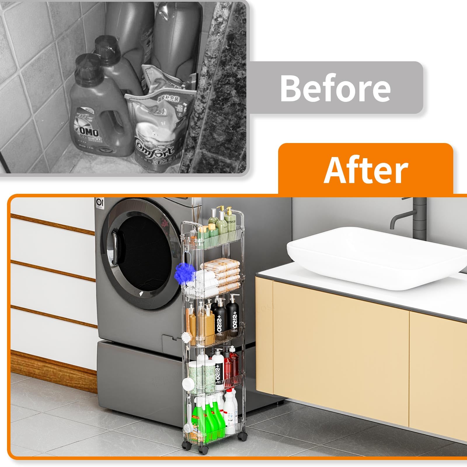 3 Tier Slim Rolling Storage Cart with Wheels for Small Space,Clear Modern Design Slim Utility Cart