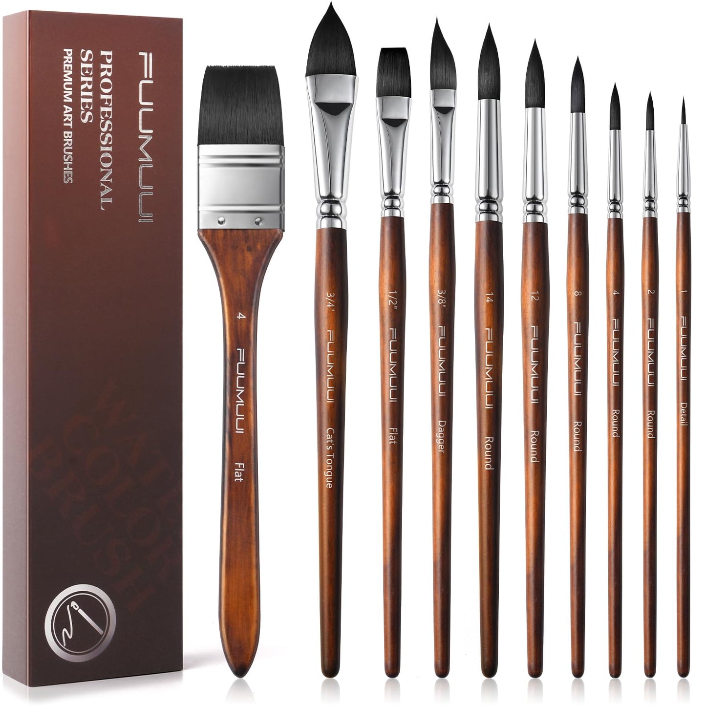 Fuumuui Professional Watercolor Brushes - 10Pcs Synthetic Squirrel Hair Paint Brush Set with Wide
