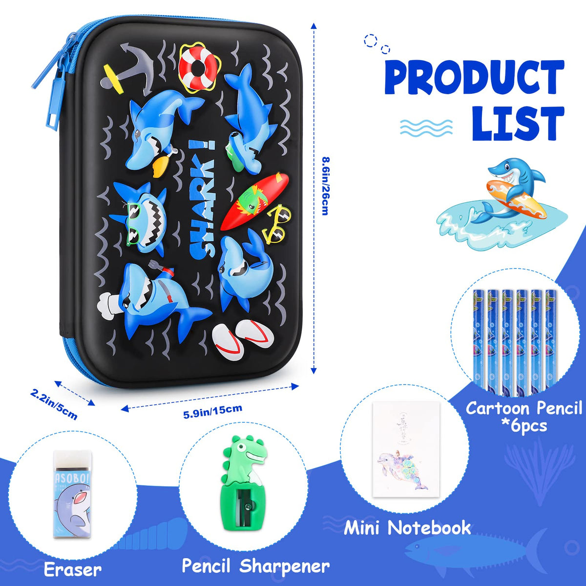 homicozy Pencil Case for Boys,Cool Shark Stationery Set for Kids,3D EVA School Pencil Box Organizer