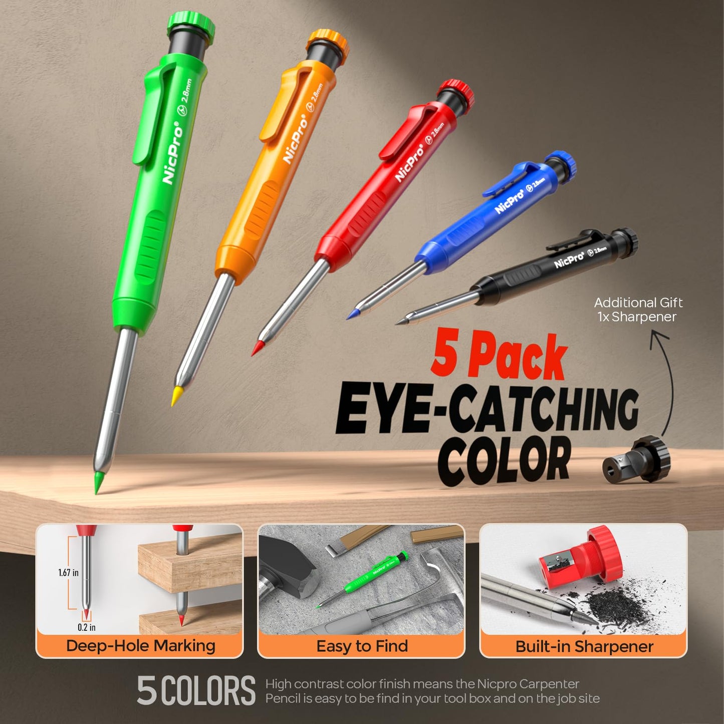 Nicpro CP1000 Carpenter Pencils with Sharpener, 5 Pack