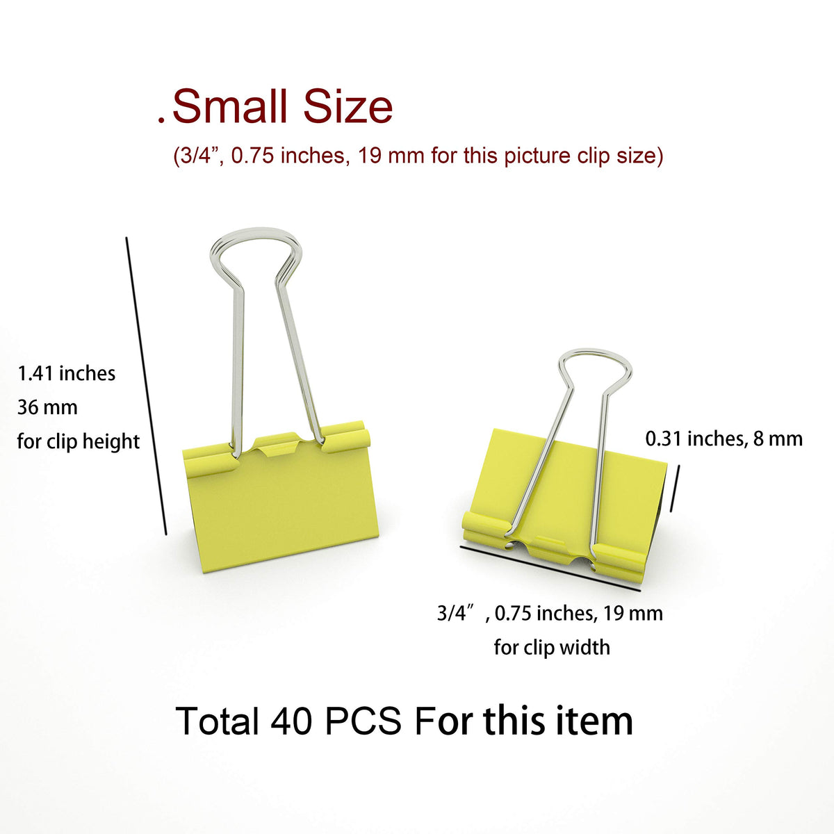 Nctinystore Binder Clips Small Metal Clamp 0.75 inch / 19 mm (Yellow, 40-PCS)