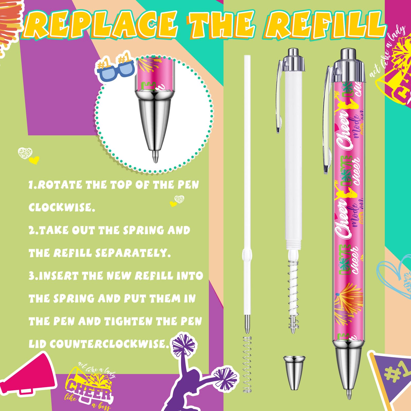 Weekgrat 48 Pcs Cheerleader Ballpoint Pens Cheerleader Gifts Black Ink Retractable Ballpoint Pens