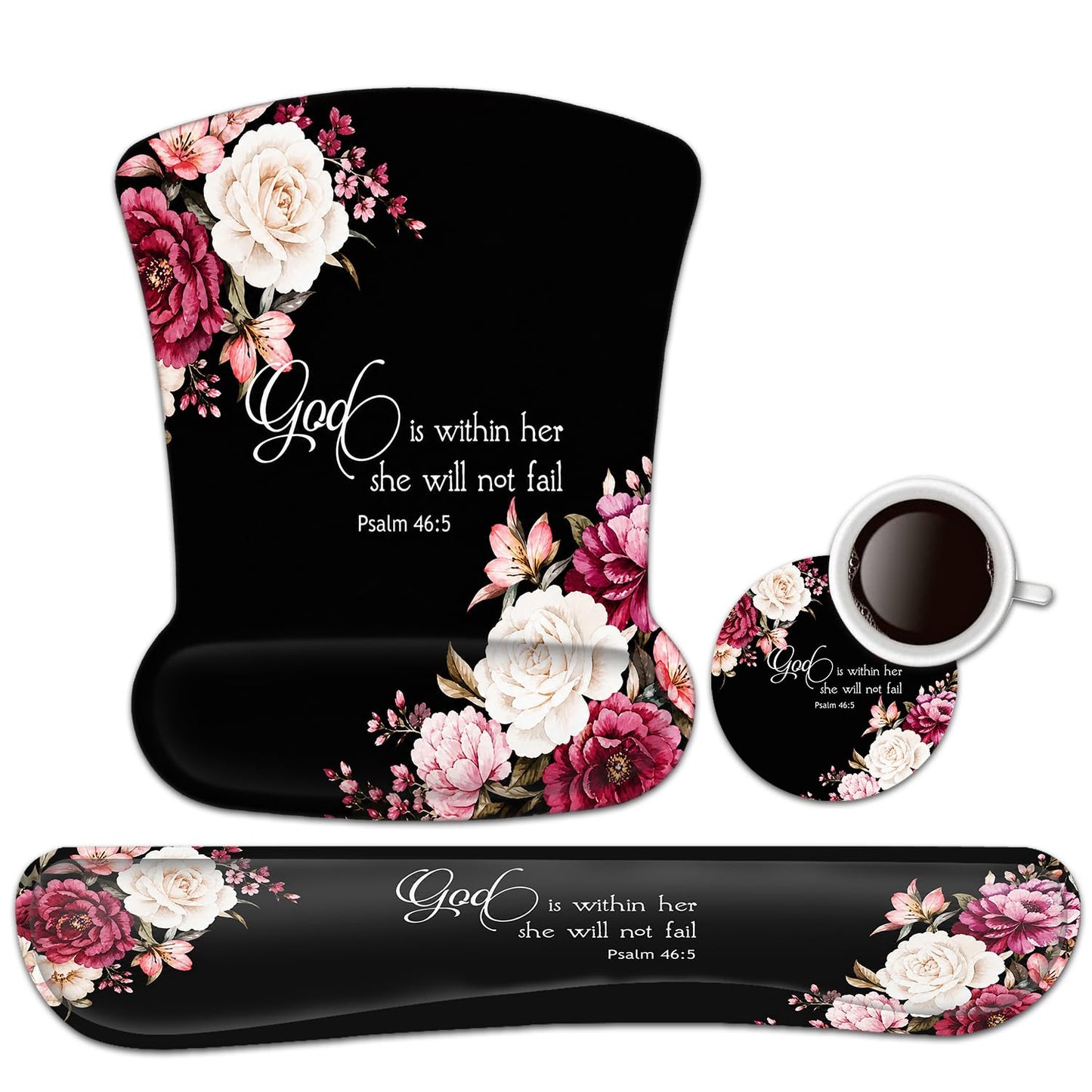 Keyboard Wrist Rest Pad and Ergonomic Mouse Pad Wrist Support Set Psalm 46:5 God is Within Her, She