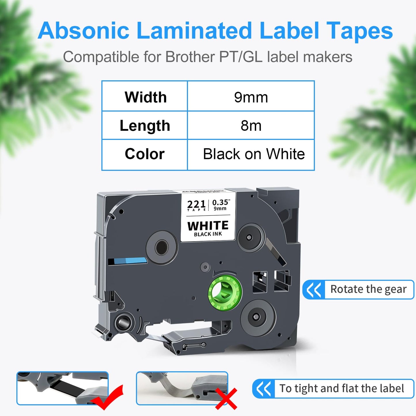 Absonic 6-Pack Tz-221 9mm 0.35 Laminated White Tz Tape Compatible for Brother Tze-221 Tze221 Tz221