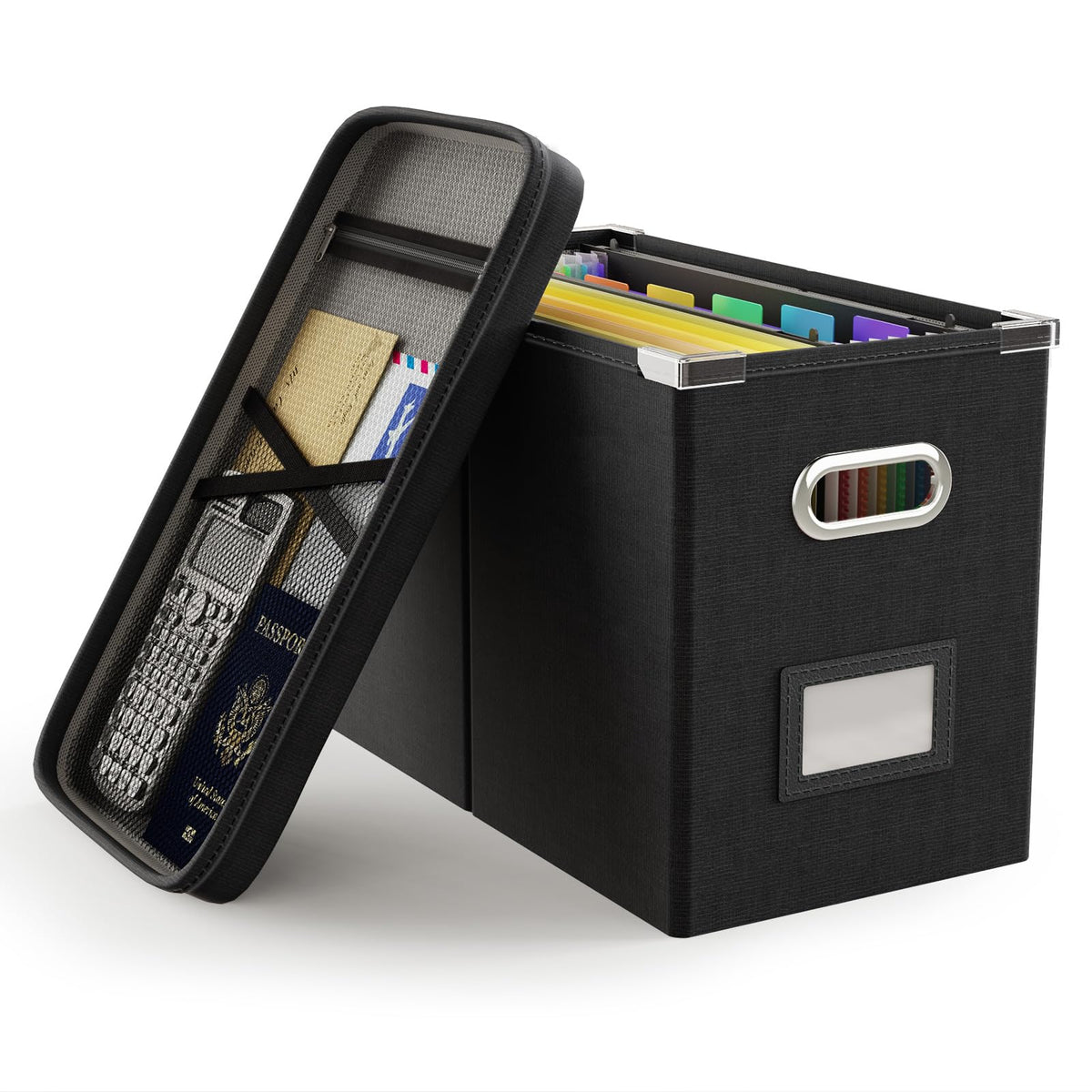 Oterri File Organizer Box with Lid, Hanging Filing File Box with Mesh Pocket, Document Organizer
