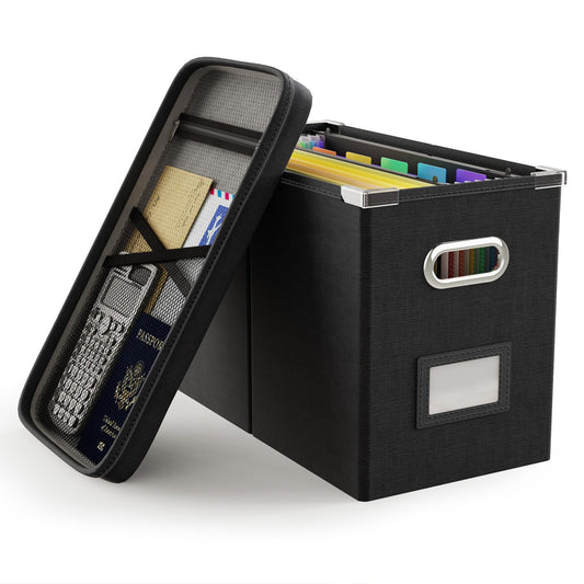 Oterri File Organizer Box with Lid, Hanging Filing File Box with Mesh Pocket, Document Organizer