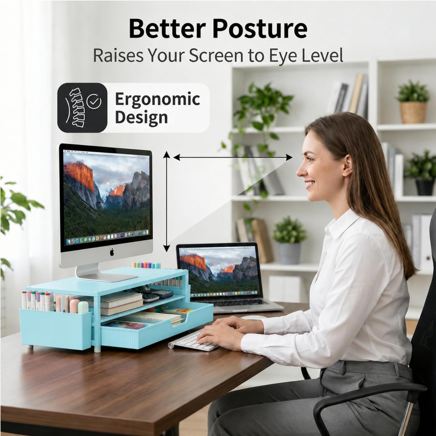 ECOLOVI Desk Organizer and Accessories, 2-Tier Computer Monitor Stand Rise with Storage Drawer & 2