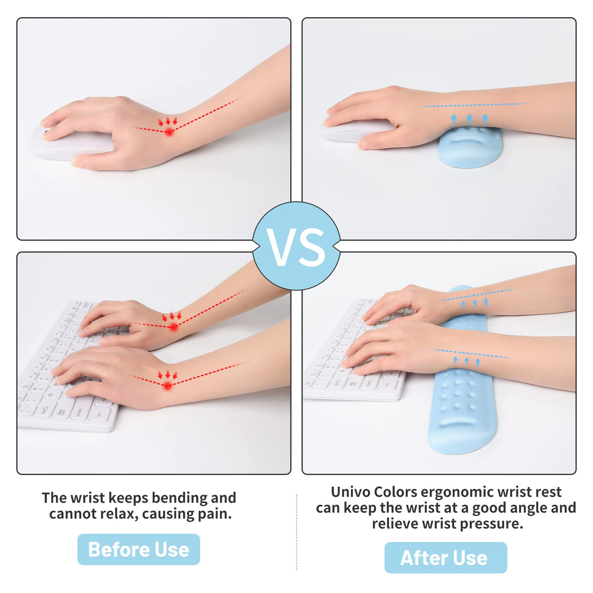 UnivoColors Light Blue Keyboard Wrist Support and Mouse Wrist Rest Set, Made of Memory Foam Soft