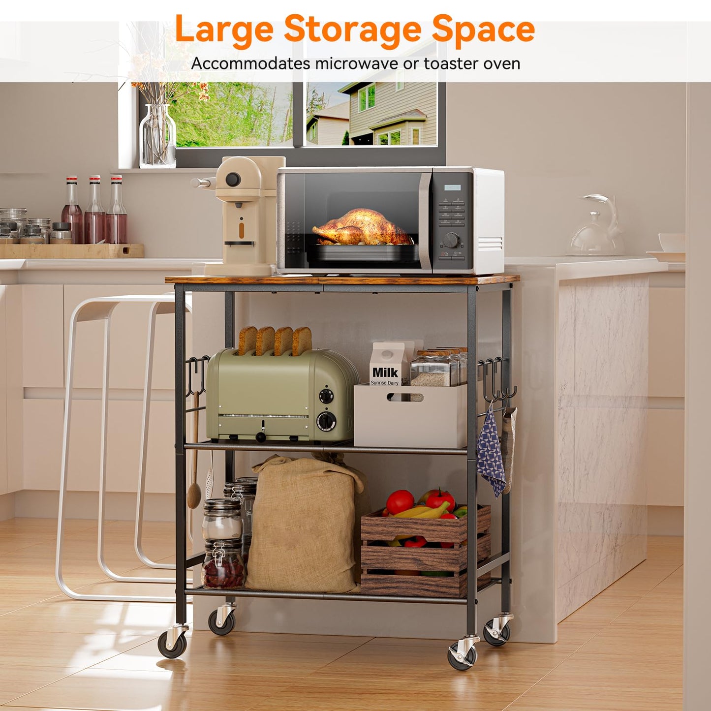 NTE Rolling Kitchen Microwave Cart, 3 Tier Microwave Stand with Storage, Small Kitchen Island on