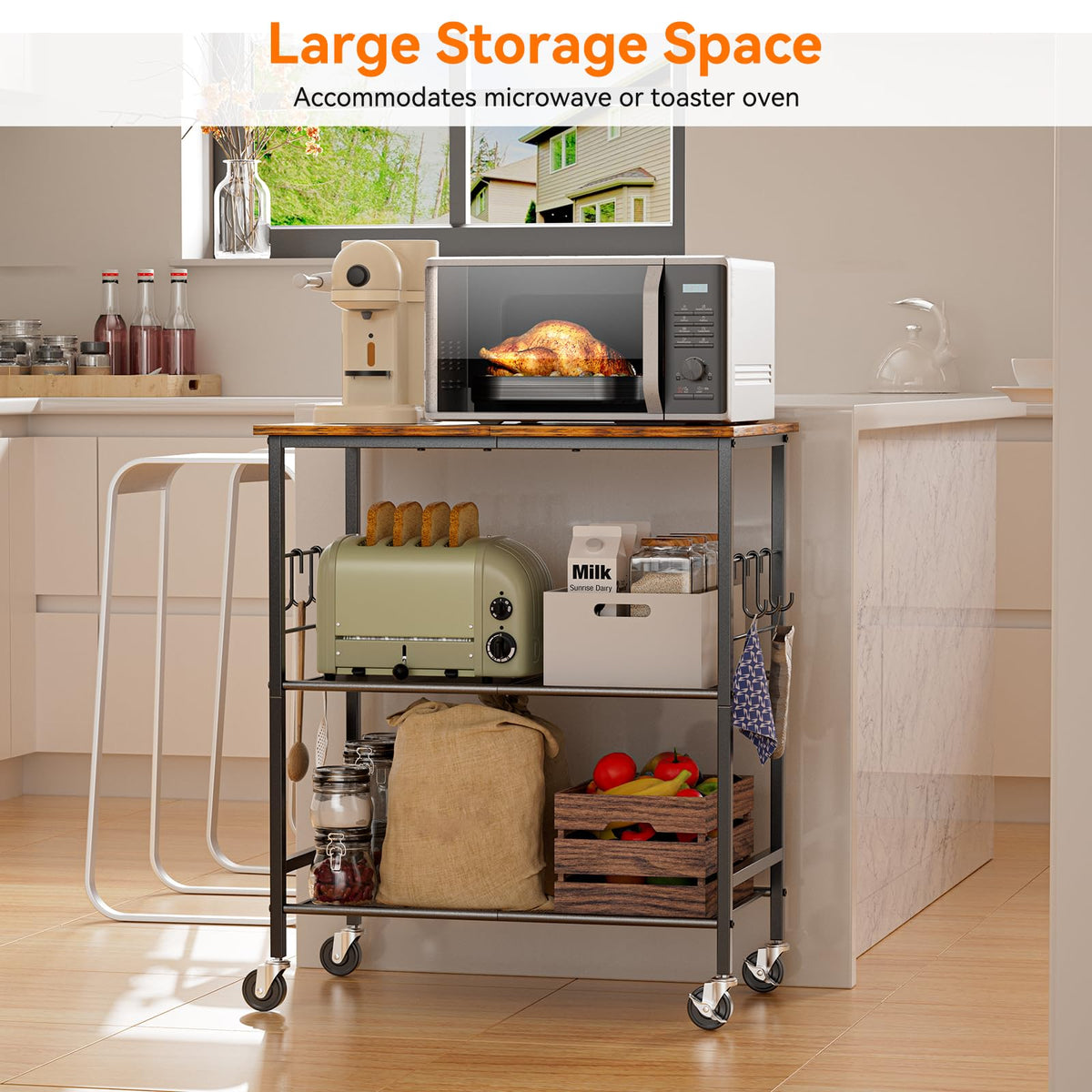 NTE Rolling Kitchen Microwave Cart, 3 Tier Microwave Stand with Storage, Small Kitchen Island on