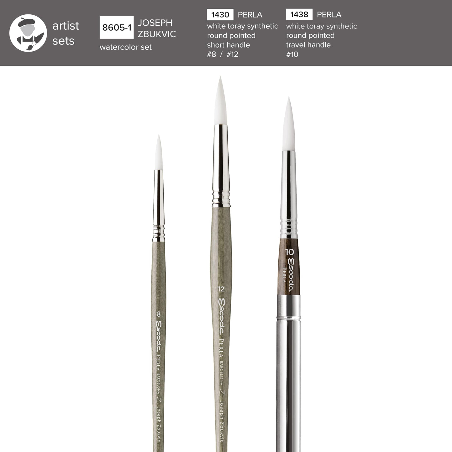 Escoda | Watercolour | Artist Set Joseph Zbukvic 1 | Size 8,10,12 | 3 Brushes | Synthetic White