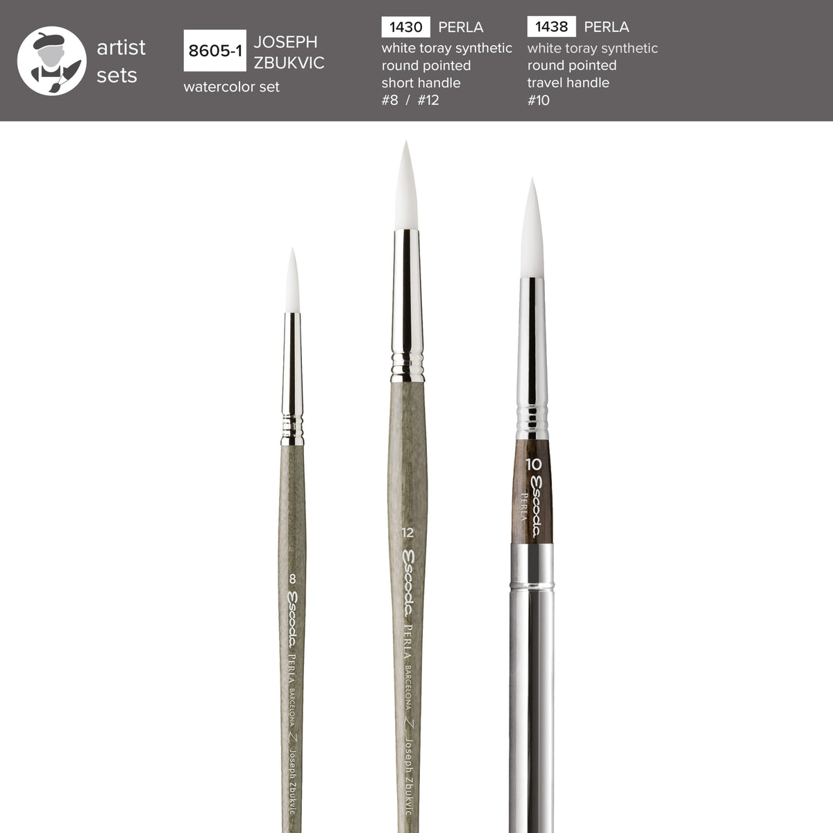Escoda | Watercolour | Artist Set Joseph Zbukvic 1 | Size 8,10,12 | 3 Brushes | Synthetic White