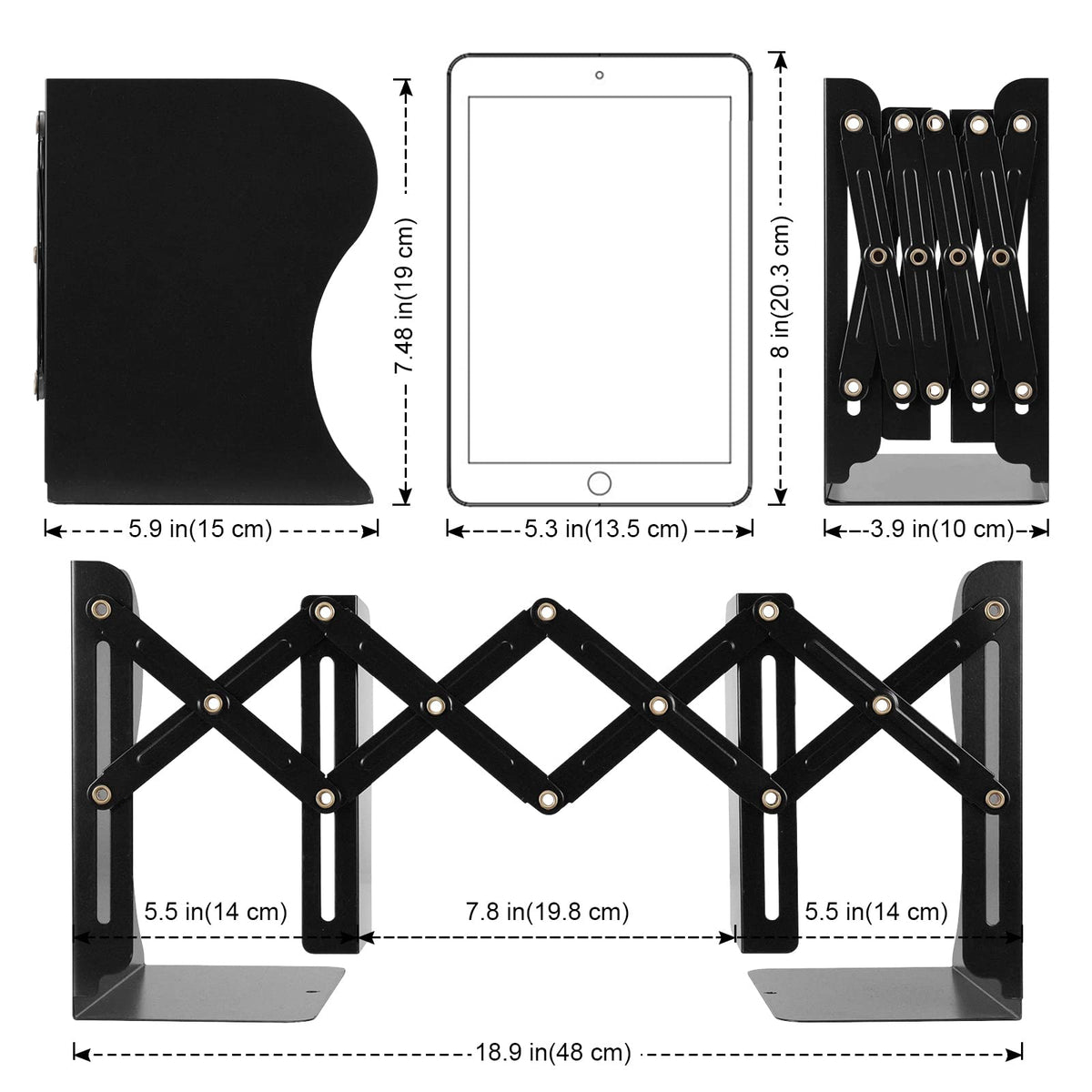Adjustable Bookends, Metal Book Ends for Heavy Book, 2 Dividers, Nonslip Book Stander for Desk