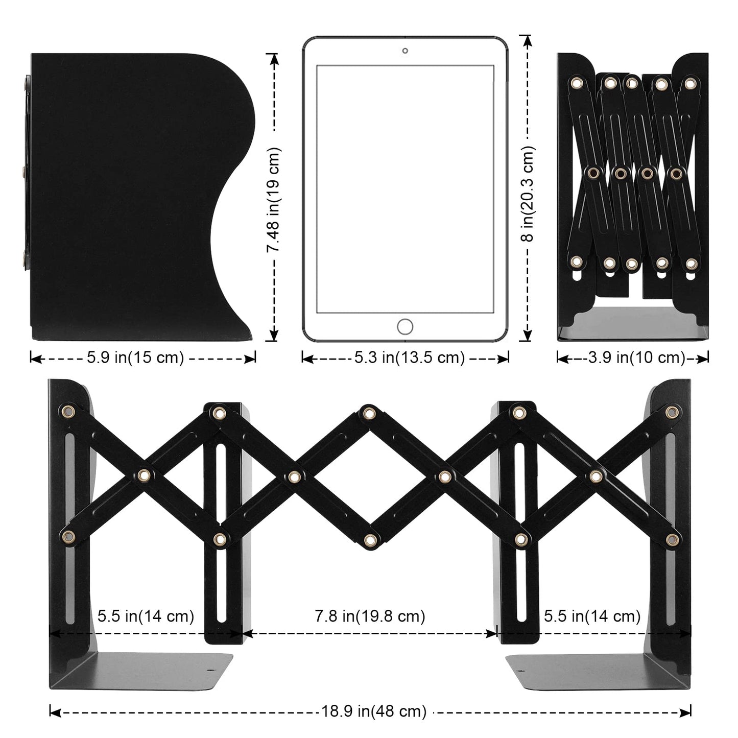 2 Pack Adjustable Metal Book Ends for Heavy Books, Extends Up to 19", Black