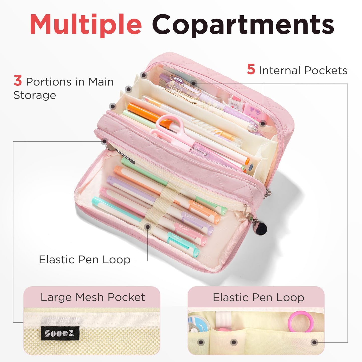 Sooez Large Pencil Case Pouch, Extra Big Pencil Bag with 8 Compartments, Pen Bag Wide Opening, Soft