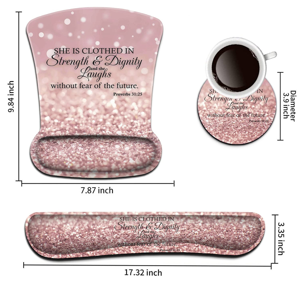 Keyboard Wrist Rest Pad and Ergonomic Mouse Pad Wrist Support Set Proverbs 31:25 Bible Verse Pink