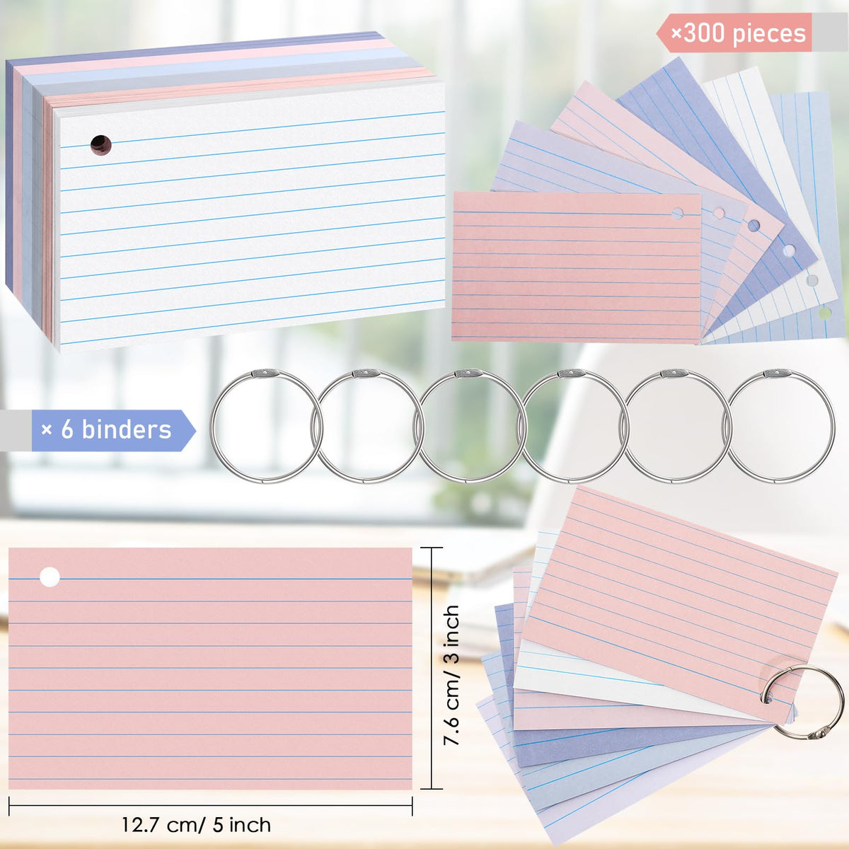 Epakh 300 Pcs Index Cards with Rings, 3 x 5 Inch, Stylish Colors