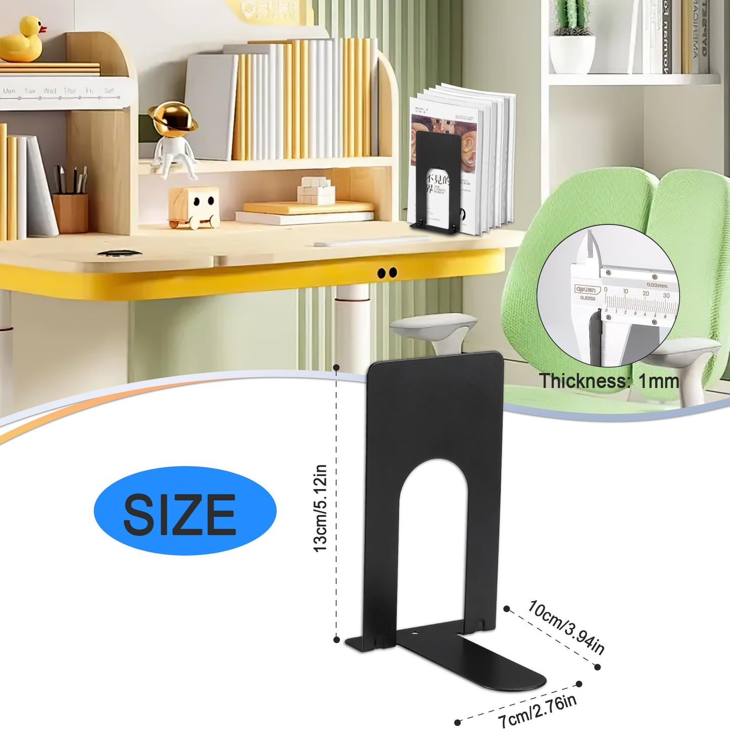 JIANTA Small Book Ends, Heavy Duty Metal Bookends, 6 Pairs