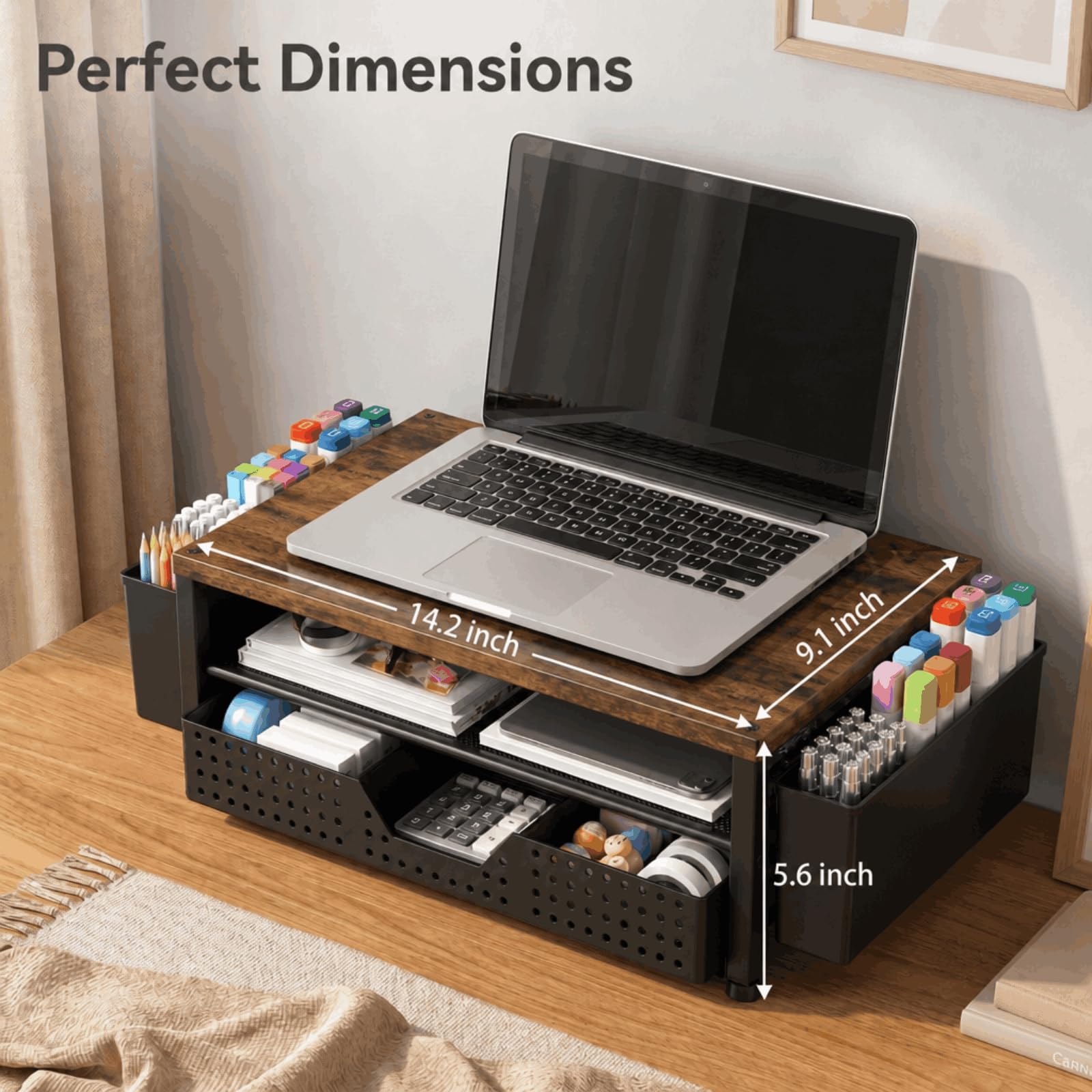ECOLOVI Desk Organizer and Accessories, 2-Tier Computer Monitor Stand Rise with Storage Drawer & 2
