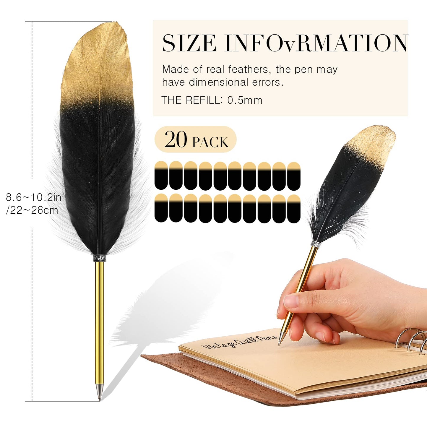 Chivao Feather Pens, Black, 20 Pcs
