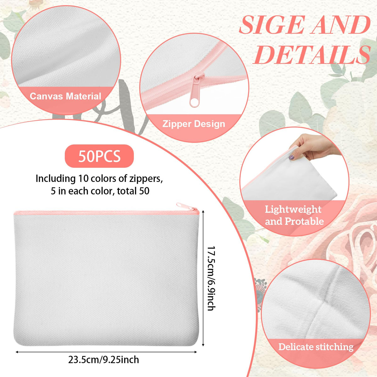 Frienda 50 Pcs Sublimation Blank Canvas Makeup Bags Bulk DIY Heat Transfer Canvas Pen Case Pencil