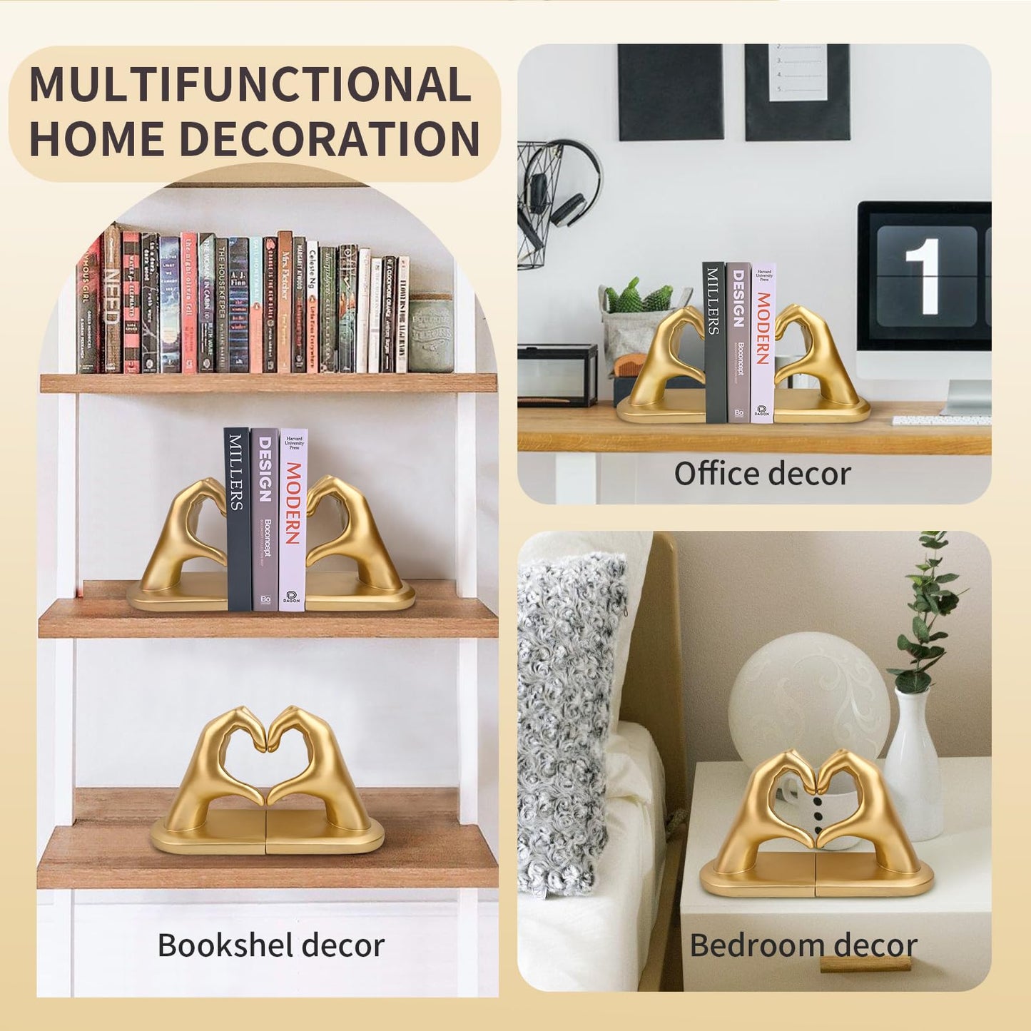 Gold Decorative Bookends for Shelves, Heart Hands Book Ends Sculpture Aesthetic Decor for Bedroom