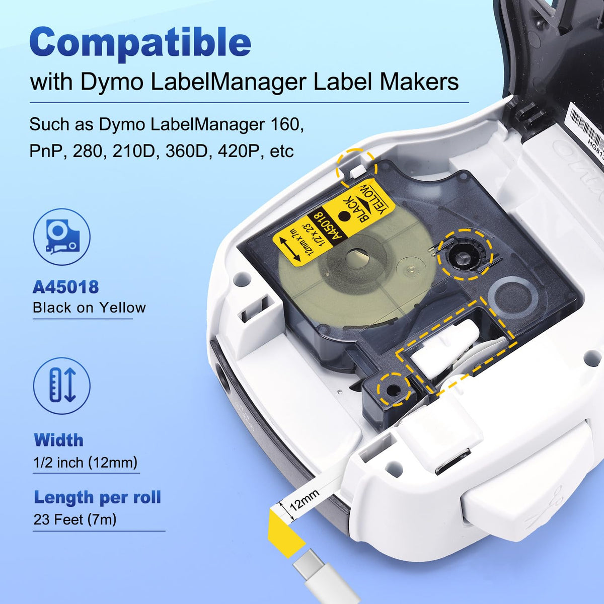 6-Pack Compatible with Dymo D1 Label Tape Black on Yellow 45018 S0720580
