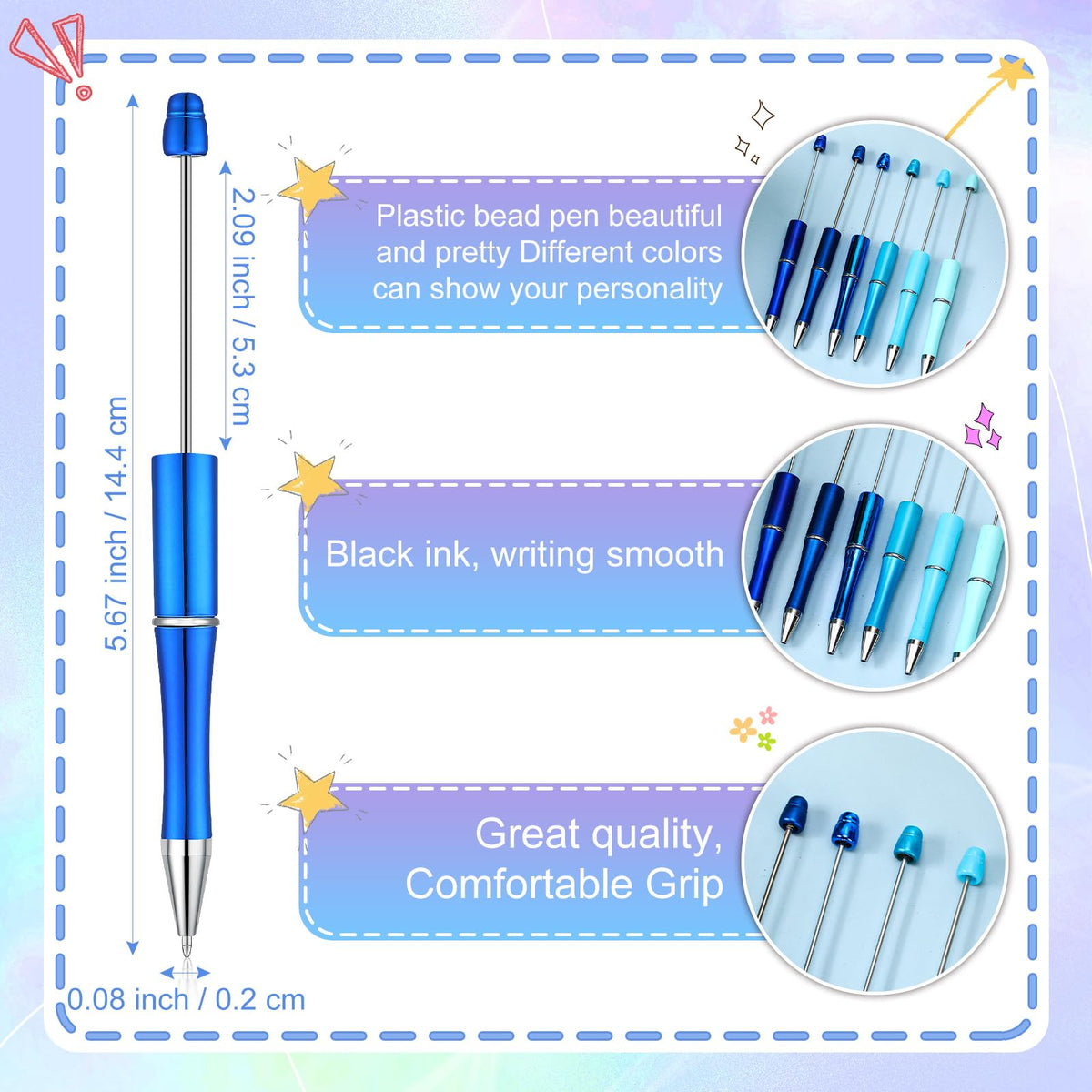 Kosiz 60 Pieces Beadable Pens Bulk Black Ink Pens,Blue Series,Simple