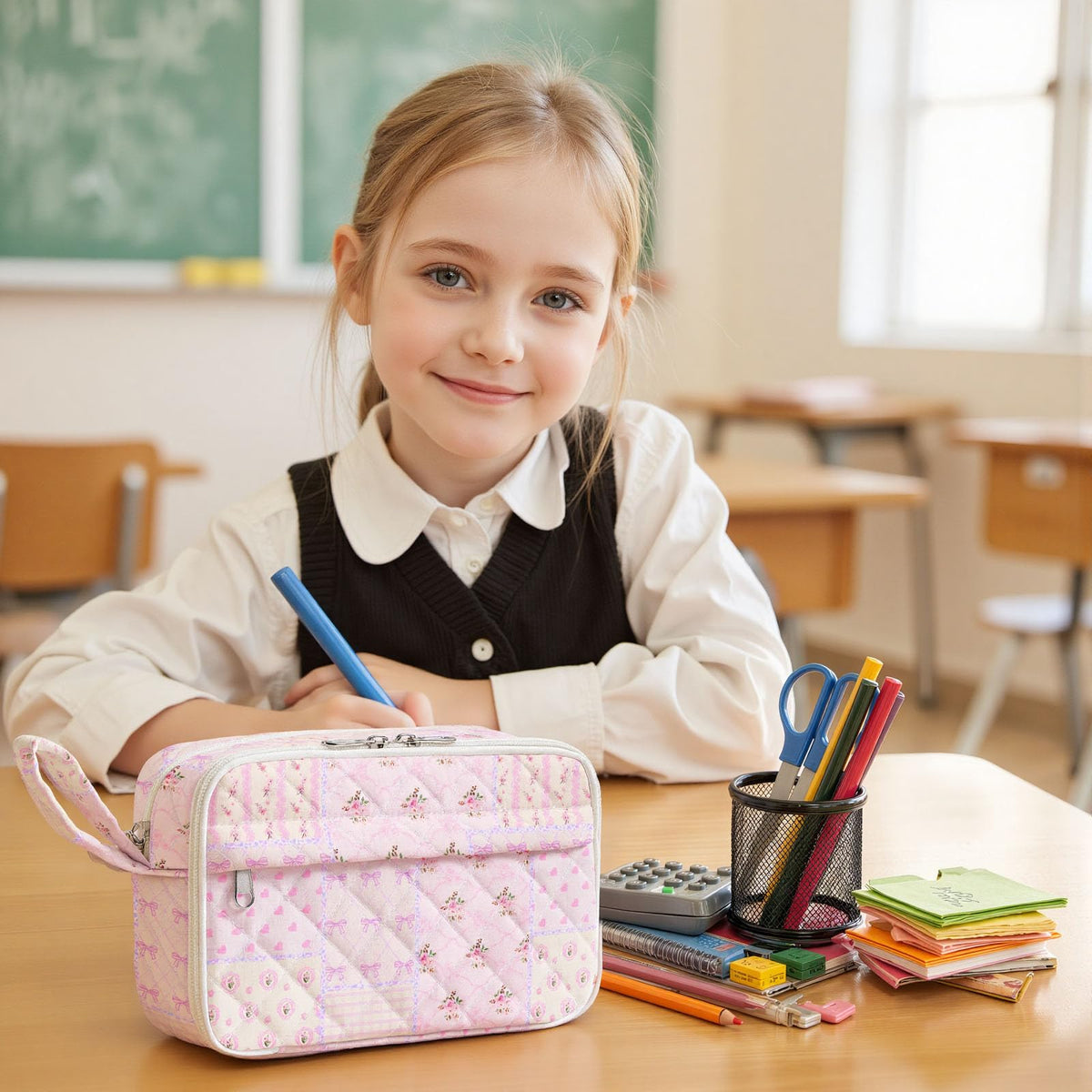 WOBAGMEN Quilted Pencil Pouch for Girls Women, Large Pencil Case Pouch with Compartments Cute