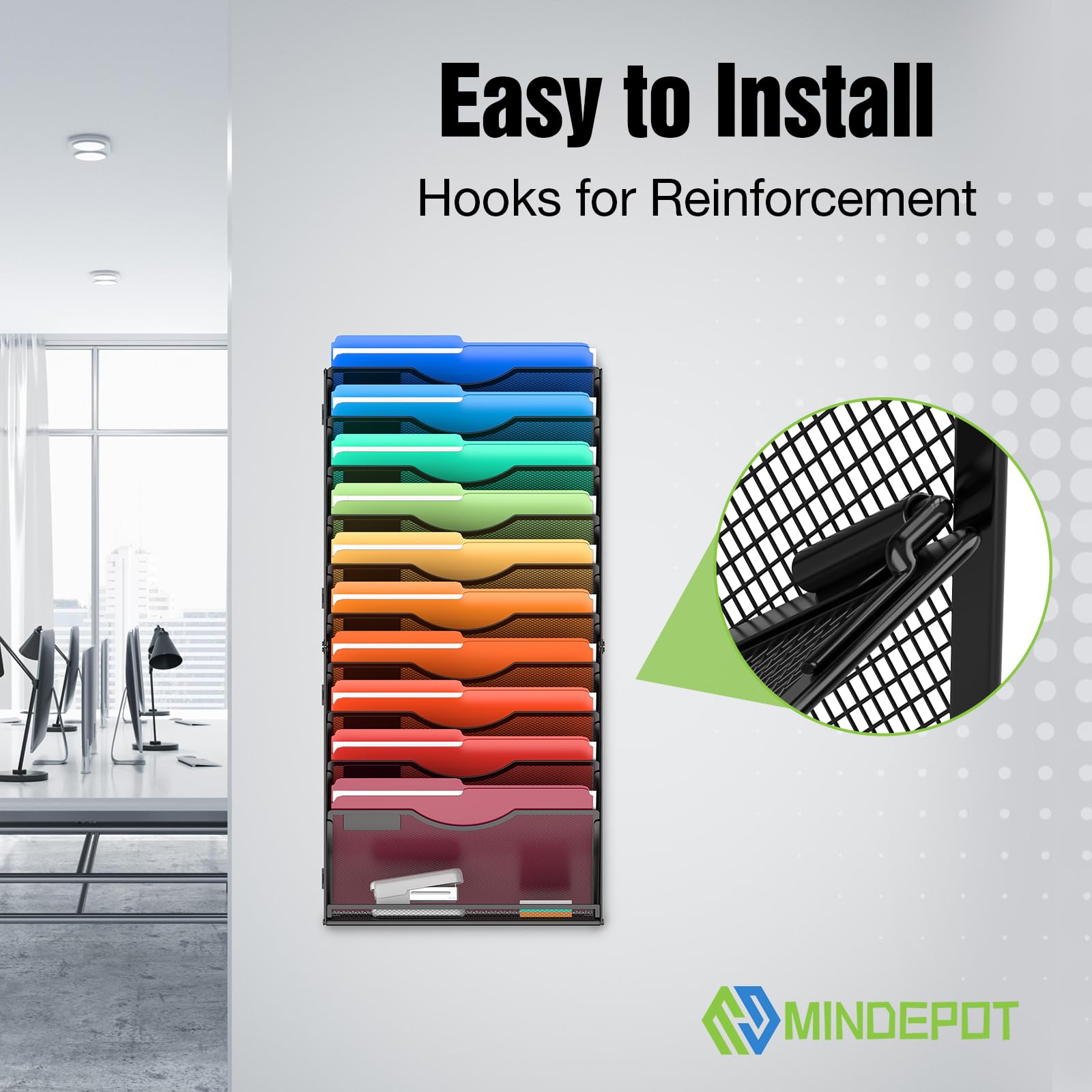 MINDEPOT 11 Tier Wall File Holder Hanging Wall Mount Paper File Organizer for Mails Folders