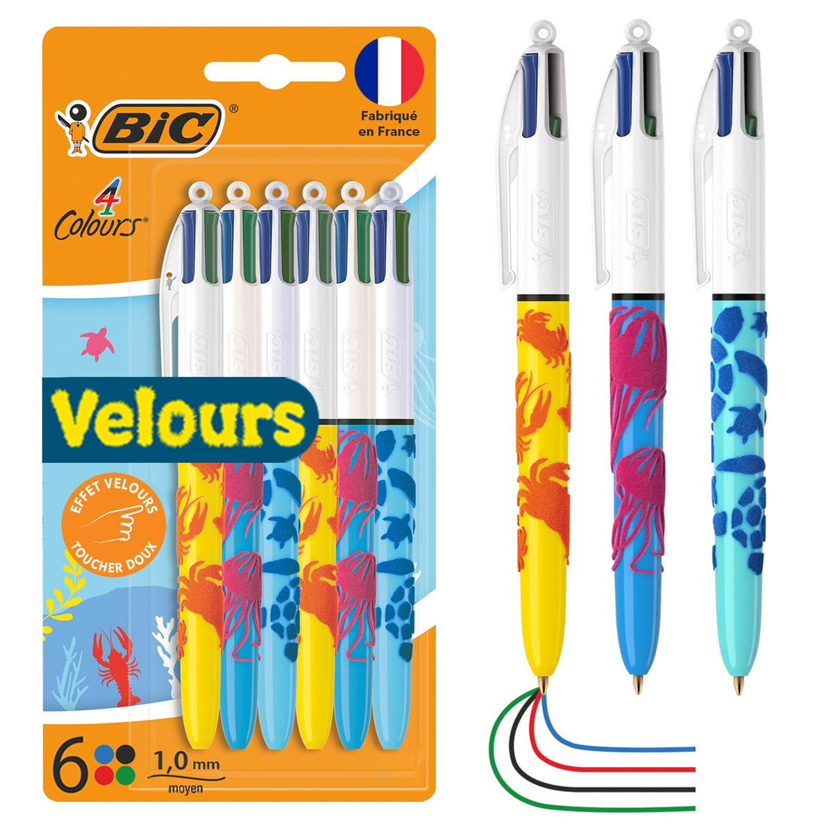 BIC 4 Colours Velours Ball Pens Medium Points (1.00 mm) Sea Life Theme - 3 Assorted Designs, Pack