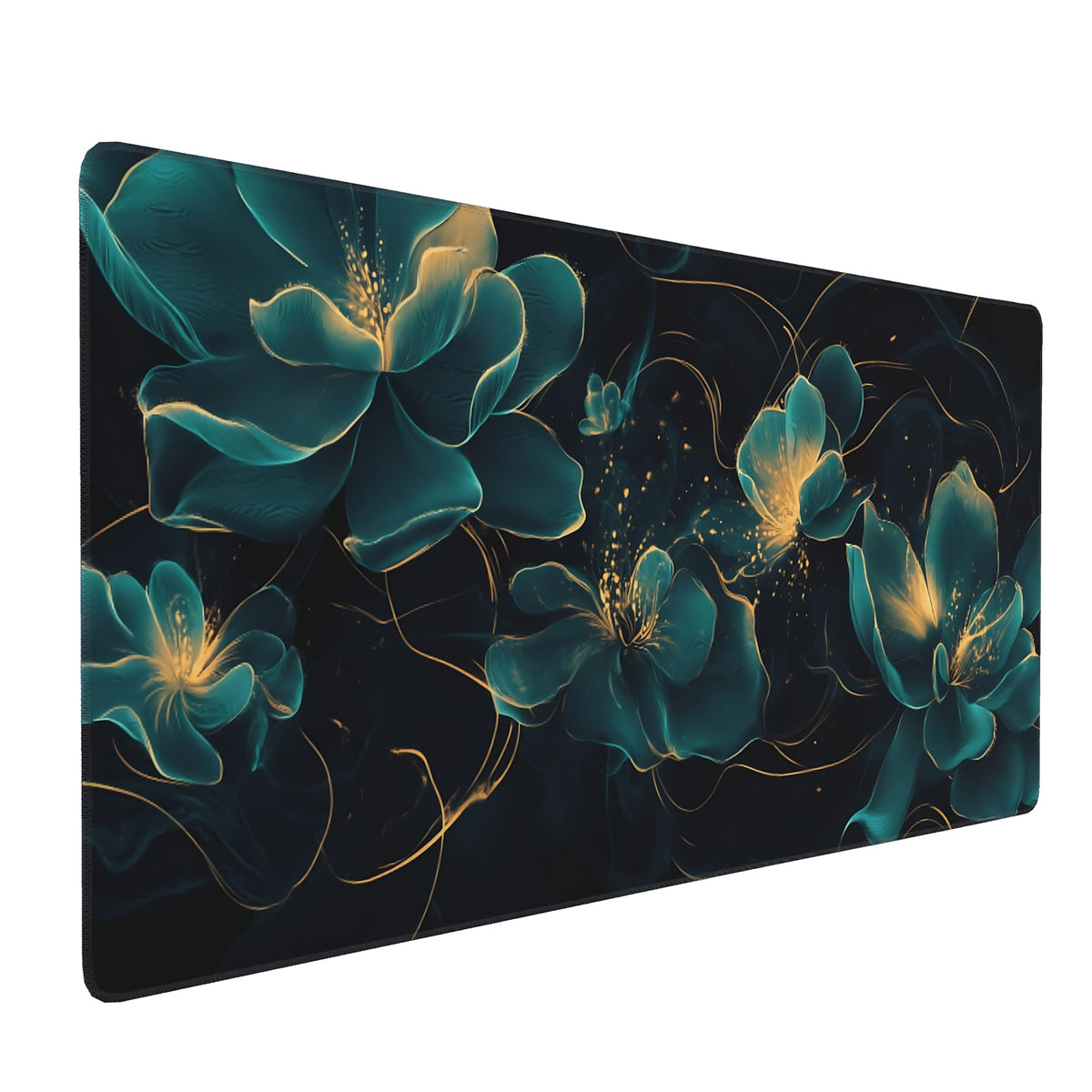 Floral Aesthetic Lotus Large Mouse Pad, Deep Blue Modern Desk Mat with Anti-Slip Base & Stitched