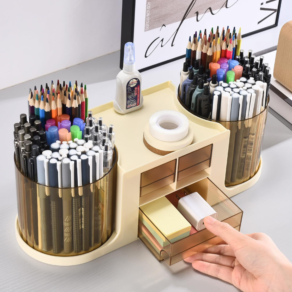 KLIONGO Rotating Desk Organizer with 2 Pen Holder, Desk Organizers and Accessories with 10 Slots