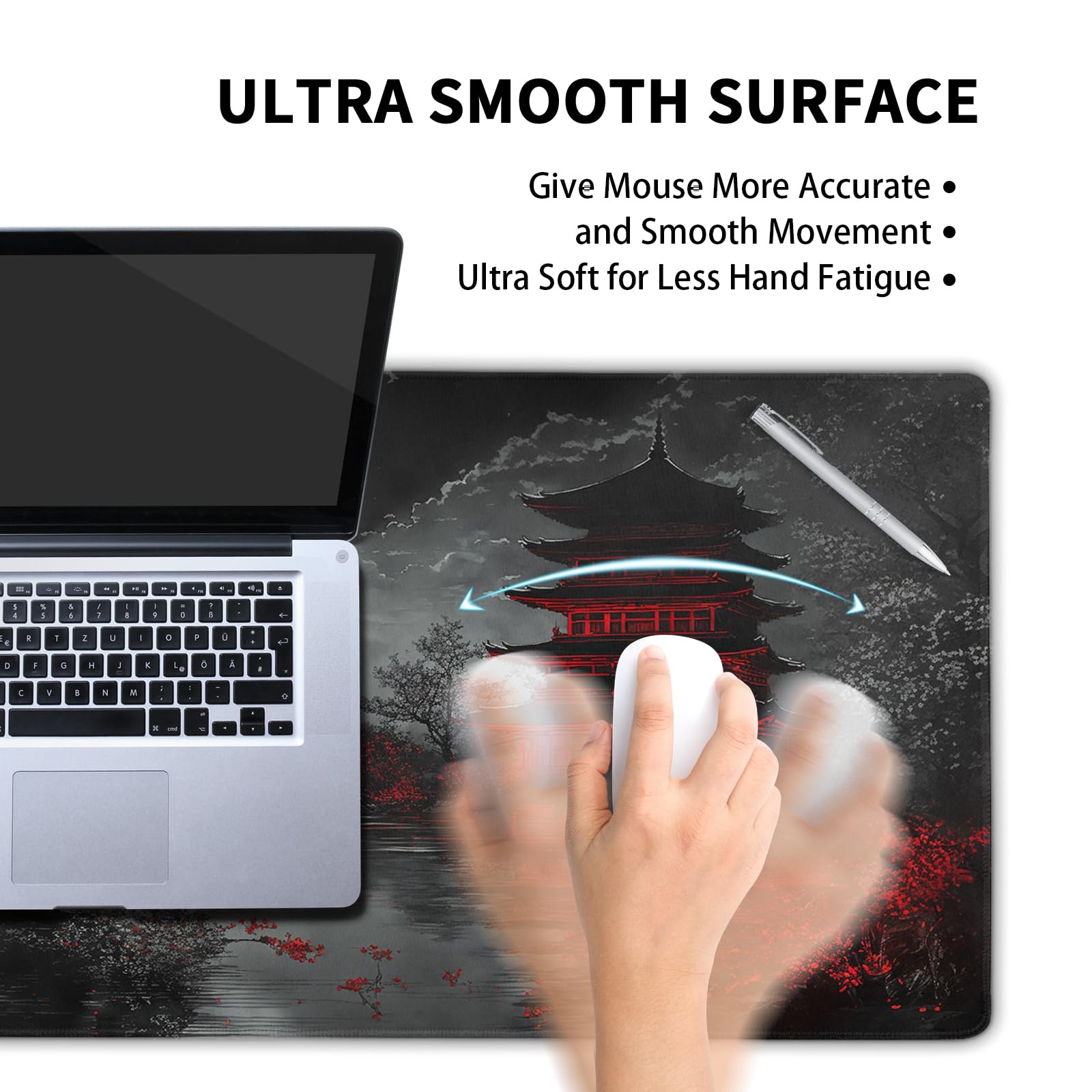 Japanese Mouse Pad XXL 35.4 X 15.7 Inch Black Red Design Style Extended Large Gaming Mousepad
