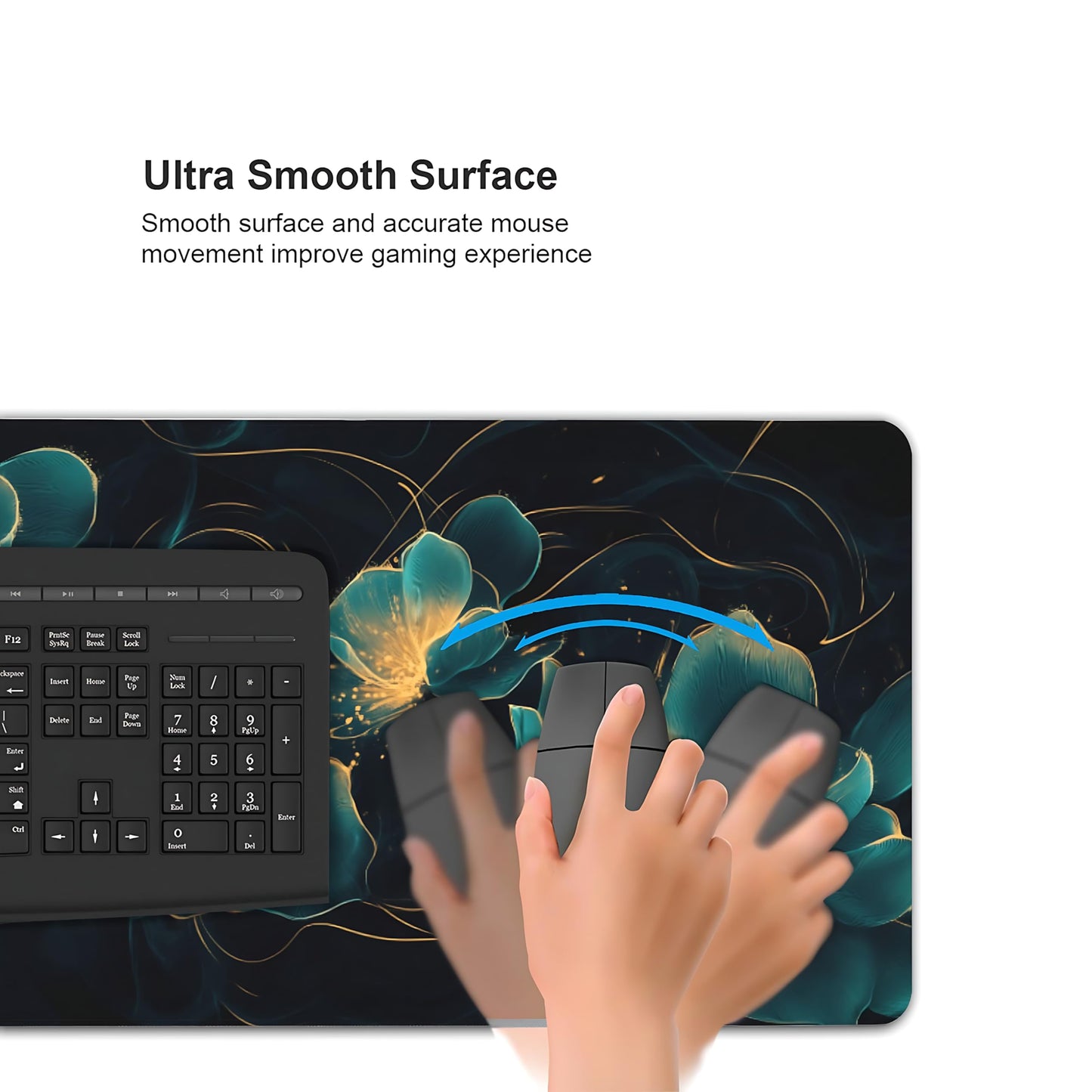 Floral Aesthetic Lotus Large Mouse Pad, Deep Blue Modern Desk Mat with Anti-Slip Base & Stitched