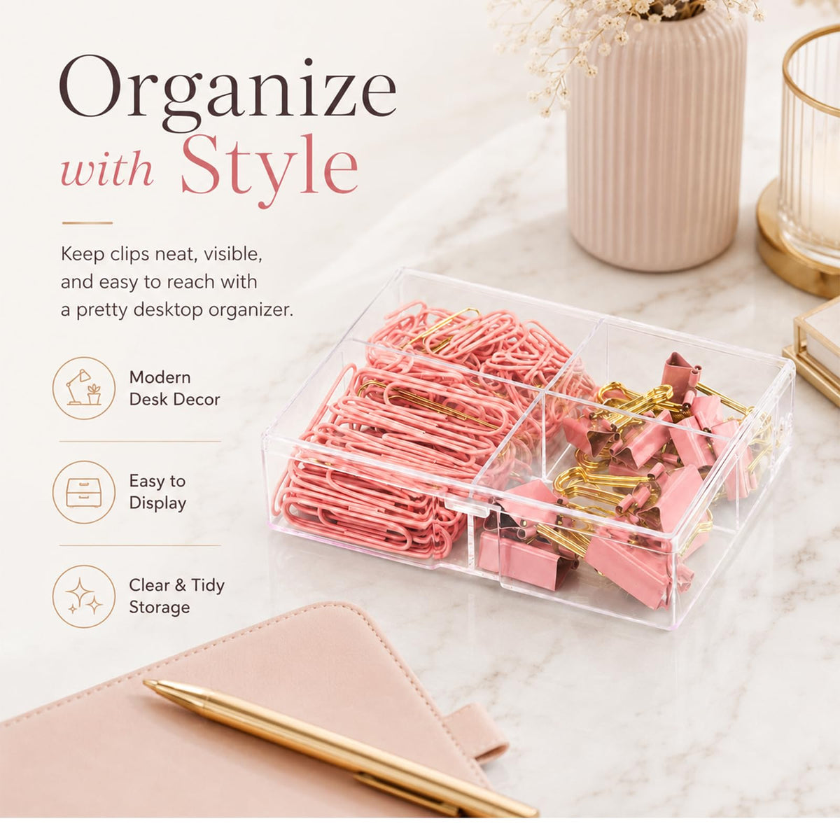 Creechwa Paper Clips and Binder Clips Set, Pink & Gold, Assorted Size Clips
