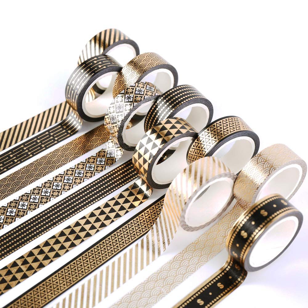 YUBBAEX 10 Rolls Washi Tape Set Black Gold Foil Print Decorative Tapes for Arts, DIY Crafts, Bullet