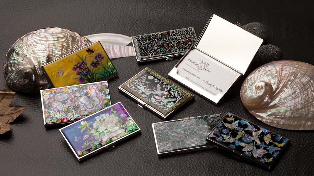 Mother of Pearl Design RFID Blocking Protection Business Card Case, Credit Card Holder, Metal Name