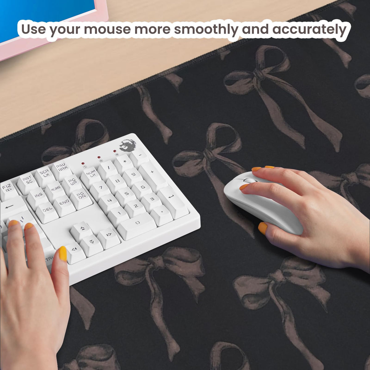 Black Desk Mat with Bows, Large Bow Mouse Pad Keyboard Mat for Computer Laptop Non-Slip Rubber Base