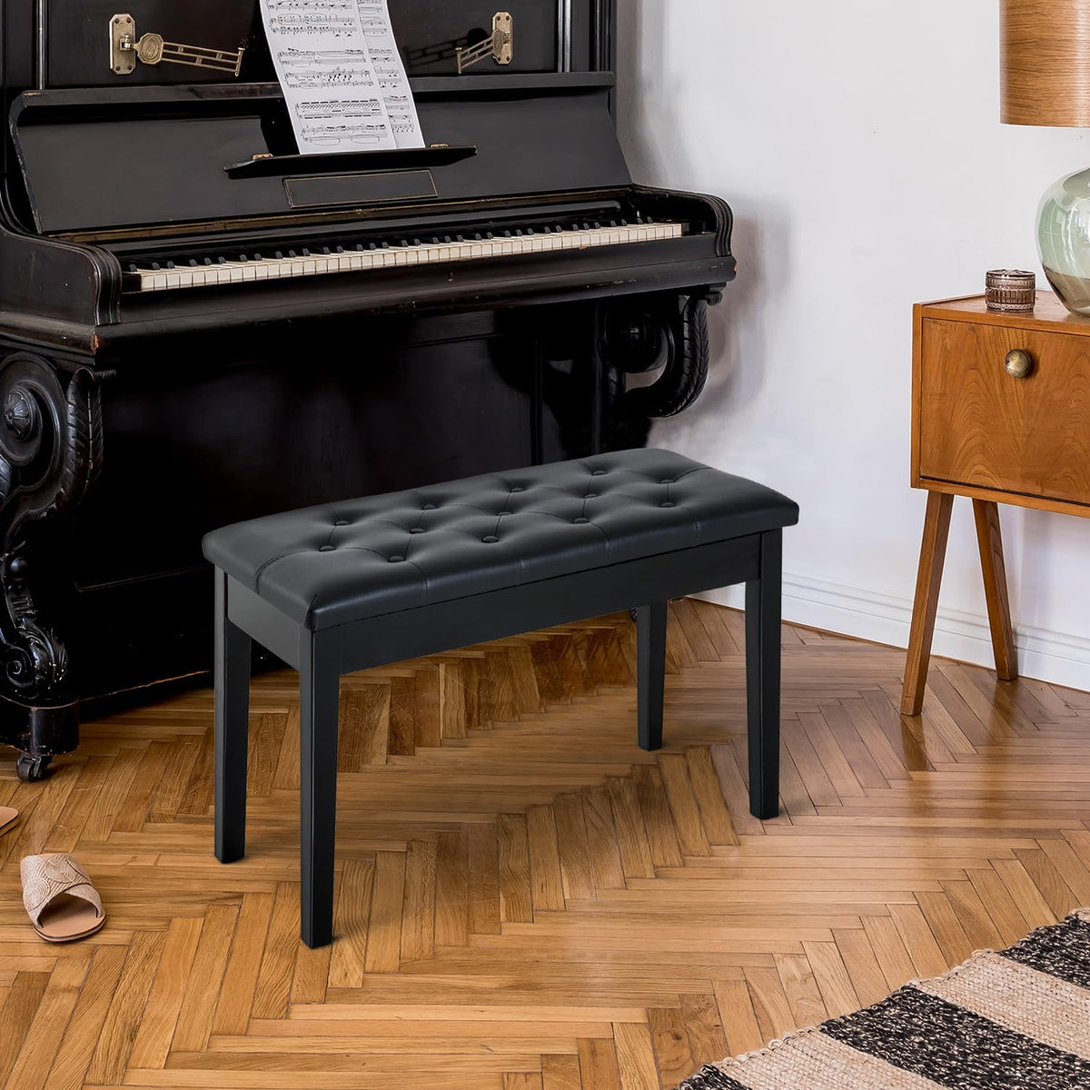 HOMCOM Piano Bench with Faux Leather Padded Cushion, Black