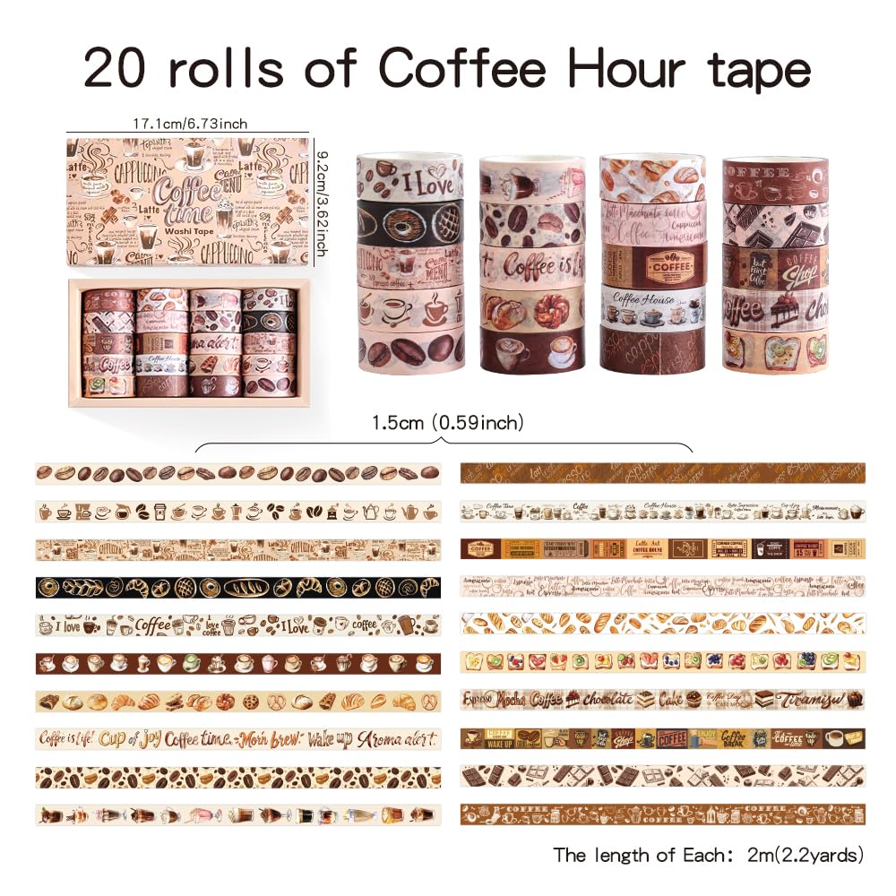 icceemee 20 Rolls Coffee Theme Washi Tape Set, Writable Decorative Tapes for Scrapbooking, Junk